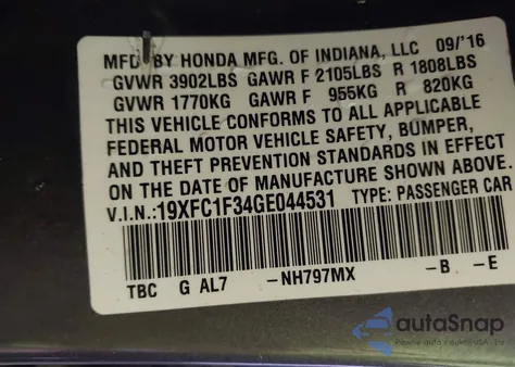2016 Honda Civic Ex-T from USA, damaged, VIN 19XFC1F34GE044531